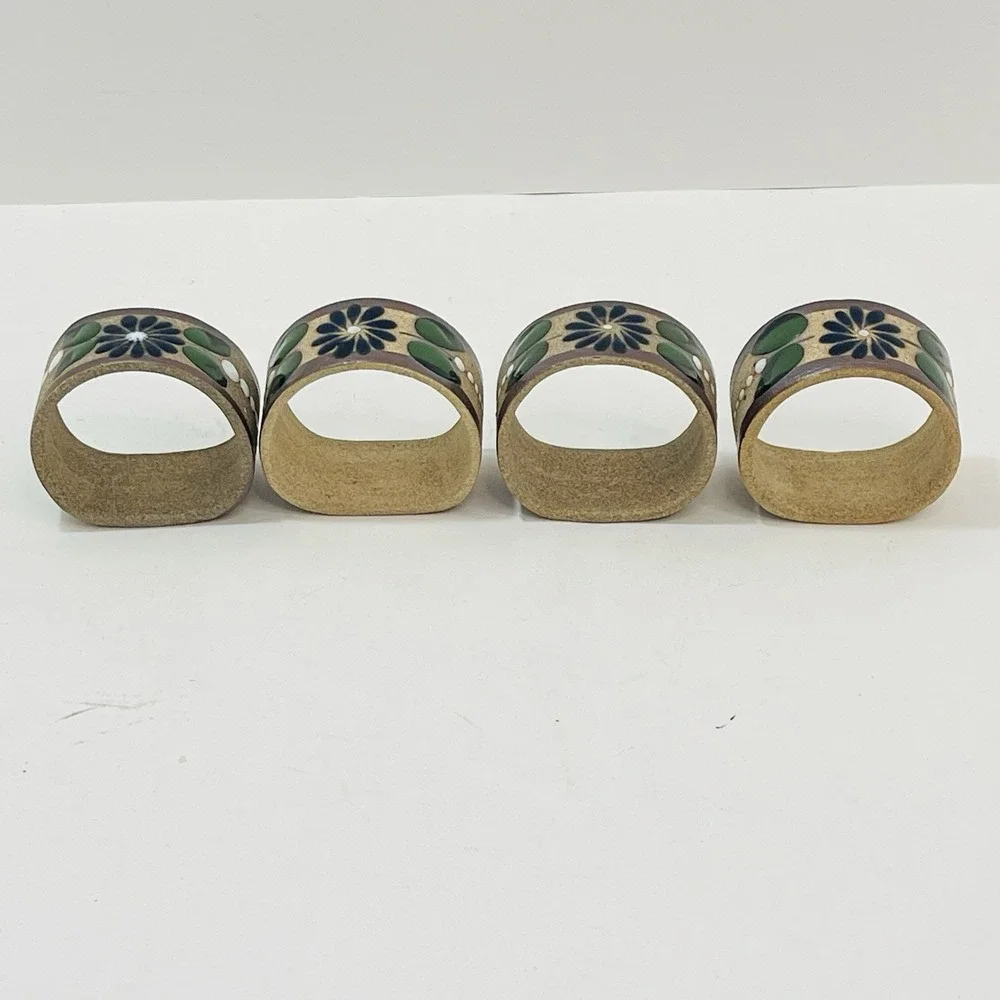 Mexican Tonala Pottery Napkin Rings Flower Rust Green Leaves  - Set‎ of 4